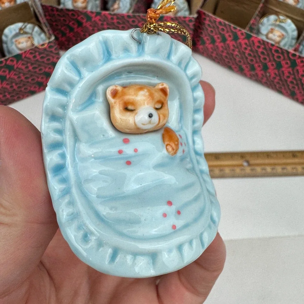 Vtg 1988 18 Enesco Teddy Bear Blue Bassinet Boy Baby Shower Gift Ornament READ